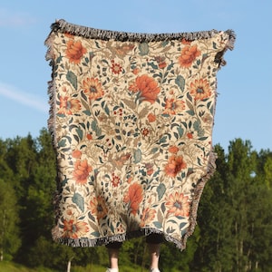 Floral Cottagecore Flowers Throw Blanket Tapestry | Vintage Woven Rug Wall Hanging Sofa Bed Cover Decor - 100% Cotton Gift For Her