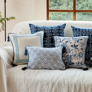 Blue Throw Pillow Cover, Art Print Linen Pillowcase with Porcelain Design French Style for Home Sofa Couch Cushion