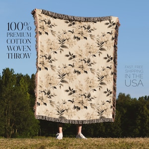 Accent Floral Throw For Upscale Homes Elegant Woven Blanket Premium Quality Throw Cream Floral Throw Blanket High End Decor Floral Blanket