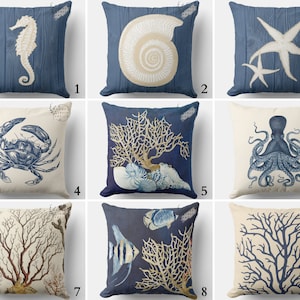 Navy Blue Pillow Cover, Ocean Throw Pillow Case, Nautical Outdoor Pillow Cover, Decorative Marine Pillow, Sea Life Pillow, Navy Blue Cushion