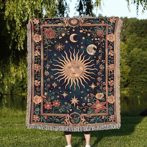 Celestial Sun and Moon Blanket | Whimsical Starry Night Floral Tapestry, Cosmic Decor, Ethereal Boho Throw, Mystical Sunflower Botanical Art