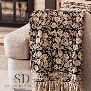 Designer vintage cotton throw blanket with tassels hand block print floral blanket for home handmade blanket for bedroom decor unique gift
