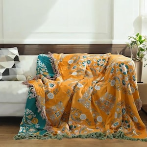Bohemian floral Woven throw blanket, Folk inspired design, 100% Cotton Sofa cuddle chair throw, Bohemian Reversible design, Handmade artisan
