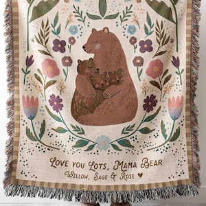 Mama Bear Blanket: Gift for Mom, Mothers Day Present from Kids, Woven Throw, Cute Unique Thoughtful Birthday, Personalized Custom