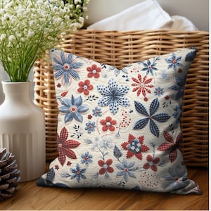 4th of July Independence Day Floral Decor Indoor Pillow Cover, Red White and Blue Patriotic Throw Pillows, Americana Farmhouse Decor Pillows